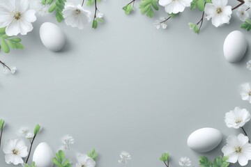 Delicate arrangement of white blossoms, green sprigs, and eggs, creating an Easter frame