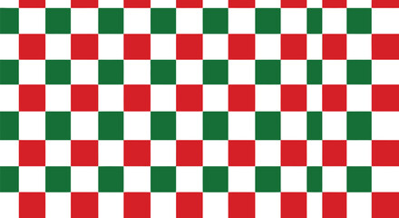A red and green checkered pattern creates a geometric background.