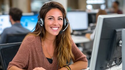 Empathetic Support Specialist: A friendly and approachable customer service representative, wearing a headset and smiling, works diligently in a modern office environment.