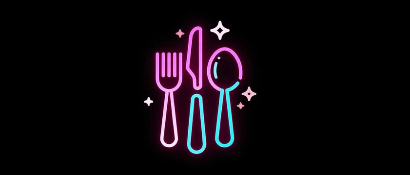 Neon light glowing kitchen utensil fork, spoon, knife icon isolated dark background. Panoramic video