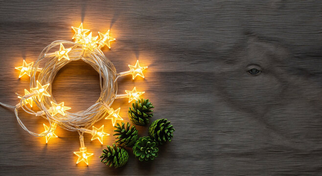Decorative fairy lights arranged in a circle with pine cones   - Powered by Adobe