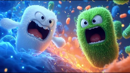 Animated bacteria characters express emotions in a vibrant scene, showcasing textures and colors, camera zooms in for dramatic effect