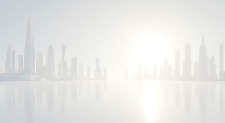 Futuristic city skyline with modern skyscrapers reflecting in calm water under a bright, hazy sun, representing urban development