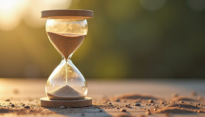 Elegant hourglass with sand flowing on a table, illuminated by soft sunlight