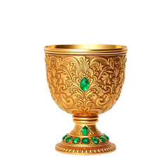 An ornate golden chalice adorned with vibrant green gemstones on a black background