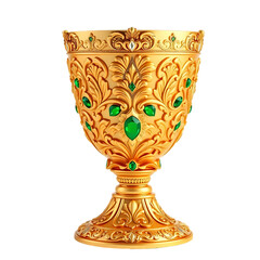 An ornate golden goblet adorned with vibrant green gemstones isolated on black