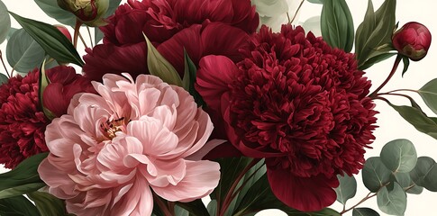 Watercolor floral seamless border green leaves, burgundy maroon pink peach blush white flowers leaf branches. Wedding invitations, greetings wallpapers, fashion, prints. Eucalyptus, olive, rose, peony