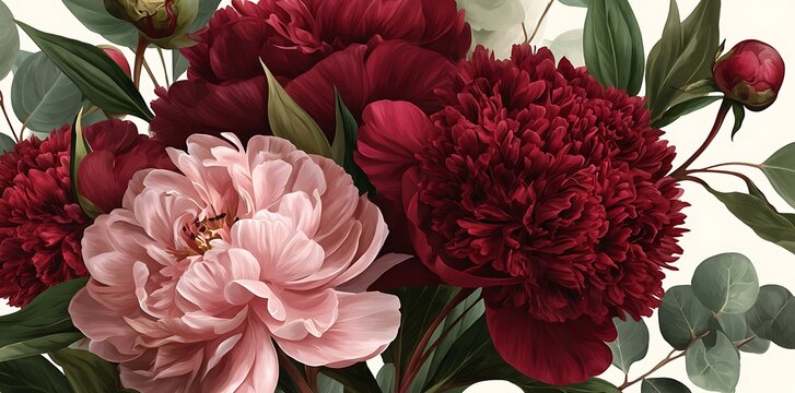 Watercolor floral seamless border green leaves, burgundy maroon pink peach blush white flowers leaf branches. Wedding invitations, greetings wallpapers, fashion, prints. Eucalyptus, olive, rose, peony