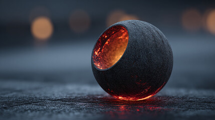 An abstract spherical object with a fiery core, set against a blurred background, evokes a sense of mystery and depth. The interplay of light and shadow creates a captivating visual