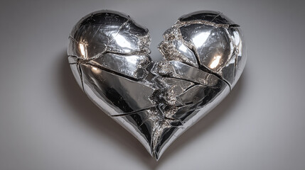 A broken heart sculpture, a symbol of emotional turmoil and pain. The sculpture is made of a shiny, metallic material, creating a stark contrast with the cracks that run through its form.