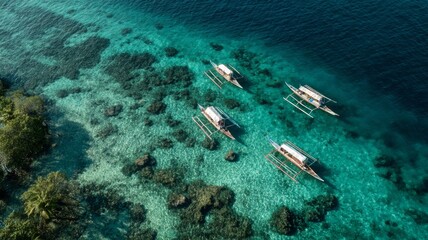 Aerial view of colorful fishing boats floating on crystal clear turquoise waters off bohol island, philippines, showcasing serene tropical seascape and pristine ocean reflections