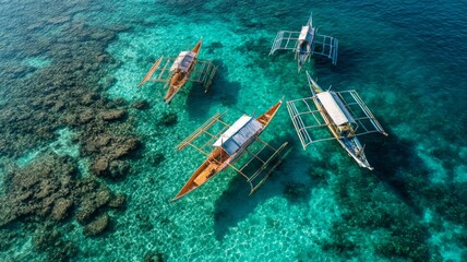 Aerial view of colorful fishing boats floating on crystal clear turquoise waters off bohol island, philippines, showcasing serene tropical seascape and pristine ocean reflections