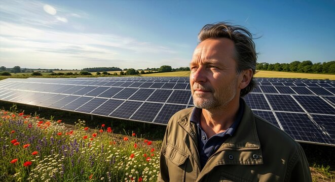 Man in field with solar panels and wildflowers