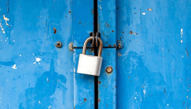 Padlock securing a blue door, symbolizing safety and security.