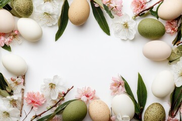 Easter arrangement features eggs, floral sprigs, and greenery on a clean white backdrop