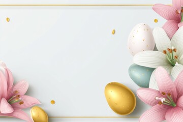 Easter-themed composition, featuring pastel eggs, lilies, golden accents, and a frame
