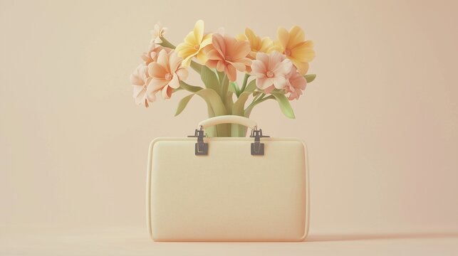 Stylish flower arrangement in vintage suitcase vase with pastel colors and minimalist design
