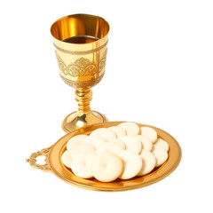 A golden chalice and plate with wafers representing communion or eucharist