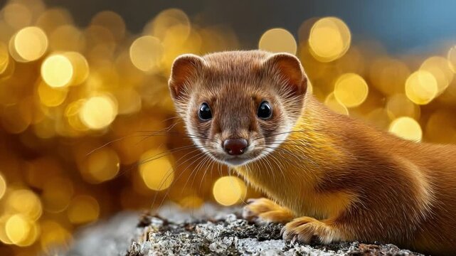 Curious Weasel: A captivating portrait of a weasel, its gaze fixed on the viewer against a soft, golden bokeh background. capturing the wild beauty