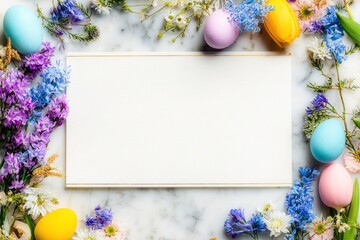 Easter-themed flatlay featuring an empty white card amidst colorful flowers and painted eggs