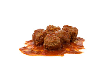 Fish meatballs in tomato sauce isolated on white background.