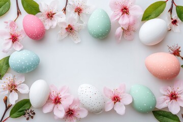 Pastel Easter eggs and delicate blossoms arranged on white surface, framed elegantly