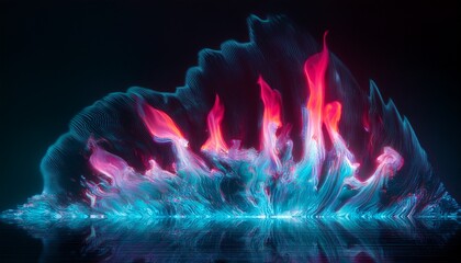 Digital Glitch Art Showing Distorted Flame Elements With Teal Magenta And Red Colors On Dark Surface