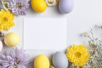 White card surrounded by colorful flowers and Easter eggs on a white surface