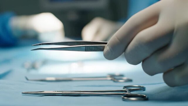 Close-up of gloved hands arranging surgical instruments in a medical setting