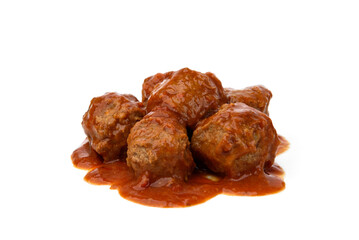 Fish meatballs in tomato sauce isolated on white background.
