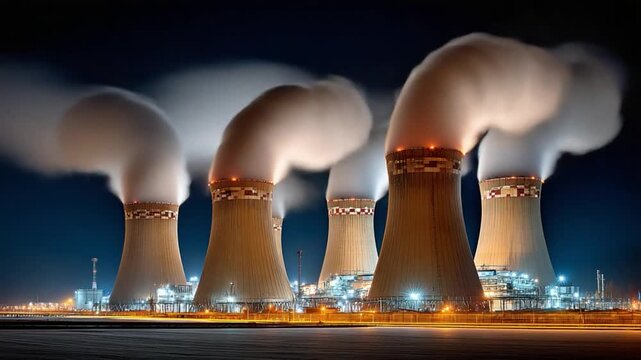 Industrial Smoke Stacks at Night: Dramatic night shot of a nuclear power plant, where smoke billows dramatically from towering stacks against a dark sky.