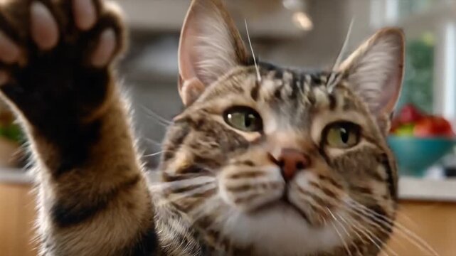 Playful Paws: A domestic cat with striking patterns extends a paw towards the viewer, captured in a candid moment. Its alert eyes and curious expression create a connection.
