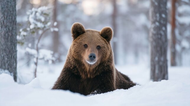 A brown bear relaxes in the soft snow, surrounded by pine trees. The tranquil winter scene highlights the bear's majestic presence in its natural habitat, capturing the serenity of the season