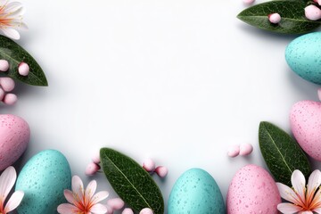 Pastel Easter composition with eggs, blooms, leaves & berries around a central white space