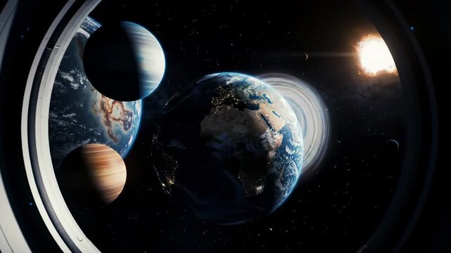 View of multiple planets, stars, and a sun from inside a space station, looking out a circular window