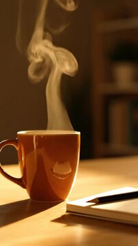 Steaming Coffee in Orange Mug Beside Notebook with Pencil on Desk at Golden Hour