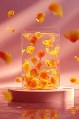 A clear glass of water, filled with floating rose petals on a small pink pedestal