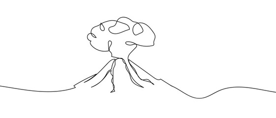 Volcanic eruption in a single continuous line simple linear style. Editable stroke.