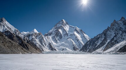 Panoramic Arctic Landscape: Snowy Mountains and Glacier under a Bright Blue Sky