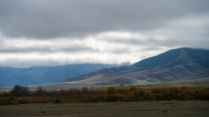 mountain peaks in the clouds. a beautiful mountain gorge. autumn in the mountains