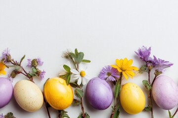 Pastel Easter eggs nestled amongst delicate wildflowers against a clean white background