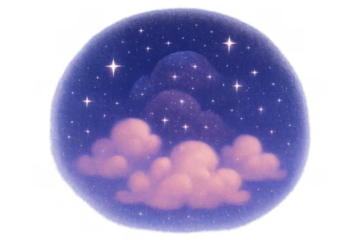Night sky orb with twinkling stars and pink clouds, dreamlike fantasy illustration, transparent background