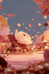 A delicate rose in an ethereal, gold-accented, pastel-toned floral fantasy