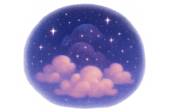 Night sky orb with twinkling stars and pink clouds, dreamlike fantasy illustration, transparent background