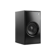 Black audio speaker with circular grill and blue indicator light isolated on a transparent background with soft studio lighting