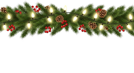 A festive christmas garland made of green pine branches, pinecones, red berries, and glowing warm lights