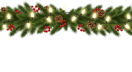 A festive christmas garland made of green pine branches, pinecones, red berries, and glowing warm lights