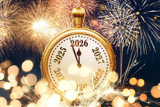Vintage golden clock points to 2026 new year with lights bokeh and fireworks. New Year card, concept. Christmas, creative idea. Retro watch