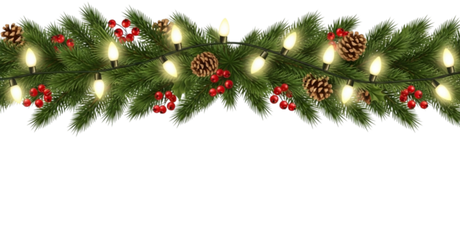 A festive christmas garland made of green pine branches, pinecones, red berries, and glowing warm lights