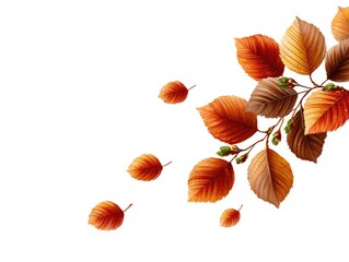 Colorful autumn leaves in shades of orange, brown, and yellow, with white space